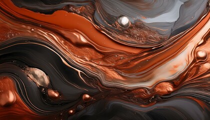 an evocative abstract piece that combines swirling patterns of copper charcoal and deep terracotta accented with glimmers of silver the composition creates a sense of rhythm and fluidity making