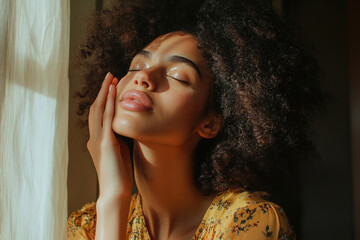 A young beautiful woman with her eyes closed applies face cream to her cheekbones as part of her morning routine.