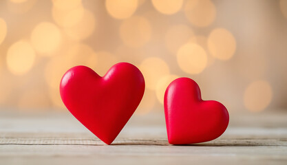 Red hearts on a light wooden surface with a premium background