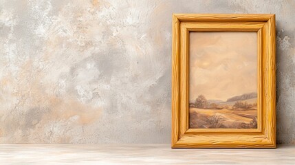 Painting of a serene landscape displayed in an ornate wooden frame on a wall