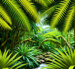 close up nature view with green leaves and palm trees background. Flat lay, dark nature concept, tropical leaf.generative ai