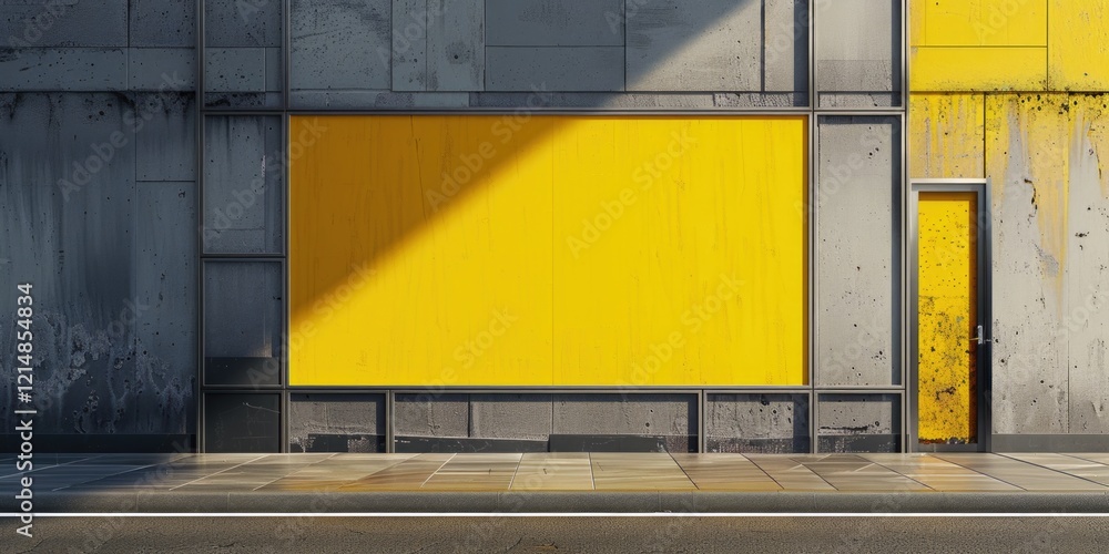 Poster this image features a modern yellow building with large panels of color, giving it a unique architec