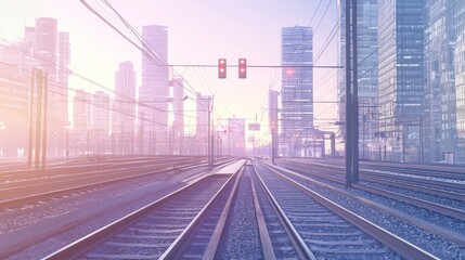 Fototapeta premium Urban Transit Motion: Vibrant Train Crossing Amidst Towering Skyscrapers in a Cinematic Setting