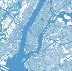 Map of New York Center in New York in a professional blue style. Contains layered vector with roads water, parks, etc.