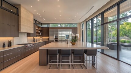 A modern kitchen featuring sleek cabinetry, a central island, minimalist decor, and large windows that provide natural light. 3d rendering interior design dining room.