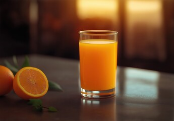 Glass of orange juice on the table with orange slices