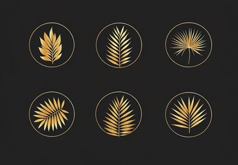 Fototapeta premium Set of Logos with Golden tropical palm leaf. Round frame