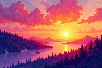 Fototapeta premium Abstract sunset watercolor wash, orange and purple hues, bright, visual