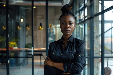 Obraz premium A young, confident businesswoman in a professional black blazer standing in an office environment. She is looking off to the side with a strong posture, indicating she might be a manager or executive.