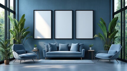 Blue living room mockup, sunlight, plants, modern design