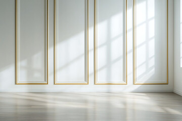bright, empty room featuring elegant white walls with subtle gold accents and soft shadows. natural light creates serene atmosphere, perfect for various interior designs