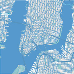 Map of Lower Manhattan in New York in a professional blue style. Contains layered vector with roads water, parks, etc.