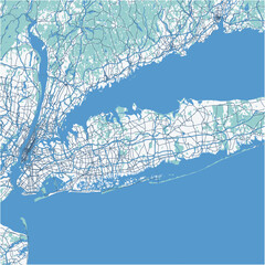 Map of Long Island in New York in a professional blue style. Contains layered vector with roads water, parks, etc.