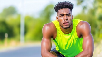 Fit Young Male Runner in Neon Tank Top Taking Break Outdoors