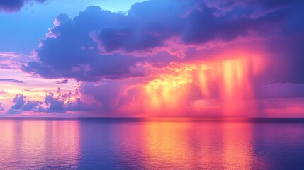 Vibrant sunset rain over calm ocean