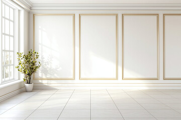 Fototapeta premium empty French inspired room with subtle gold accents and natural light. space features potted plant, large windows, and elegant wall paneling, creating serene atmosphere