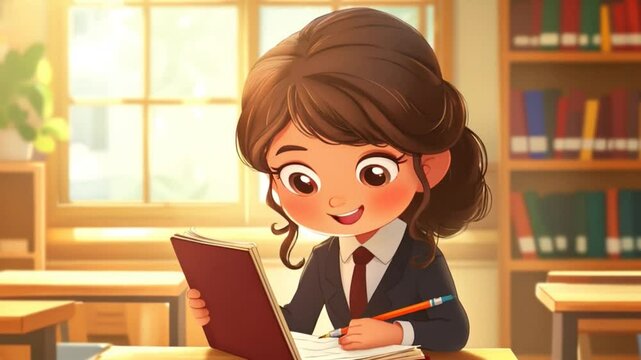 cartoon illustration of a girl studying in the library