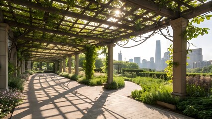 Tranquil Garden Pergola with City Skyline View