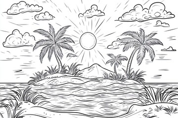 Tropical island sunrise sketch, ocean, beach, palm trees, travel brochure