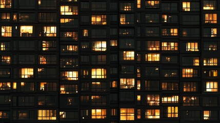 Cityscape Symmetry: Monochrome Night with Warm Rectangular Windows Aesthetic Cinematic View