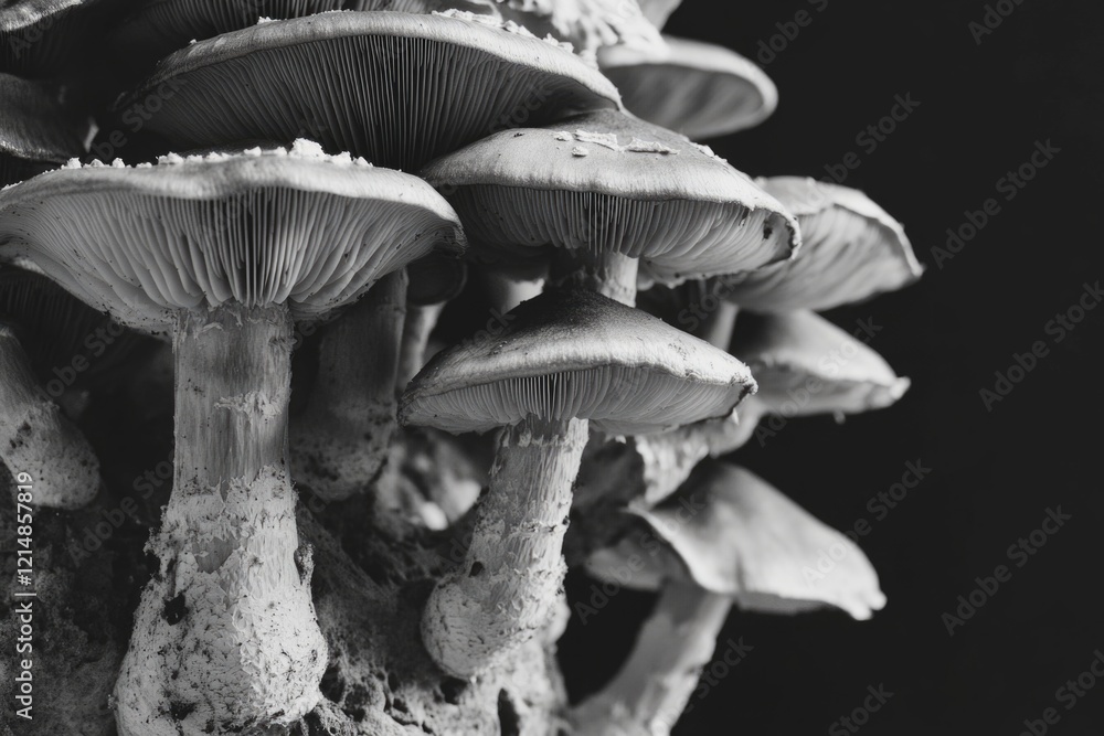 Poster a close up of a bunch of mushrooms with a black background. the mushrooms are all different sizes an