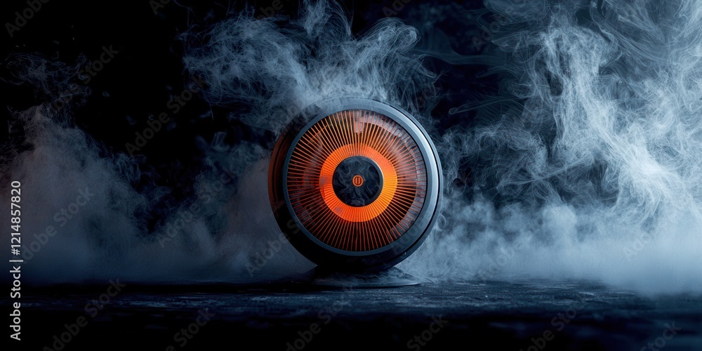 Poster glowing orange object is in the center of a foggy background