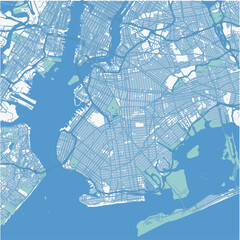 Map of Brooklyn in New York in a professional blue style. Contains layered vector with roads water, parks, etc.
