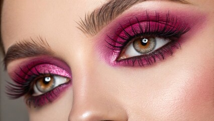 Naklejka premium A closeup of captivating eyes showcases a rich magenta mascara. The bold application of color enhances both the depth of the irises and the dramatic effect of the lashes creating