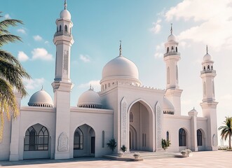 A white mosque with minarets and domes in Abu Dhabi, photo-realistic, stock photography, sunny day, blue sky, wide-angle, low camera position, white walls, white dome roof, photo realism, professional