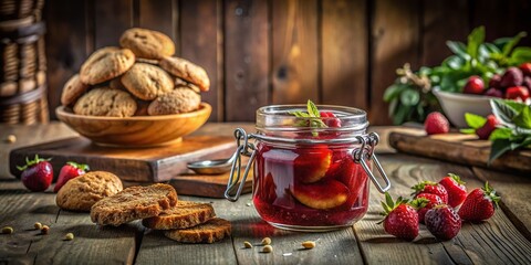 Fototapeta premium Delicious Homemade Cookies with Nuts in Strawberry Marmalade Jar - Architectural Photography