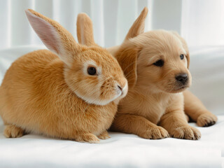 Cute image of a young puppy and a bunny lying close together on a soft white surface, showcasing their endearing companionship and innocence
