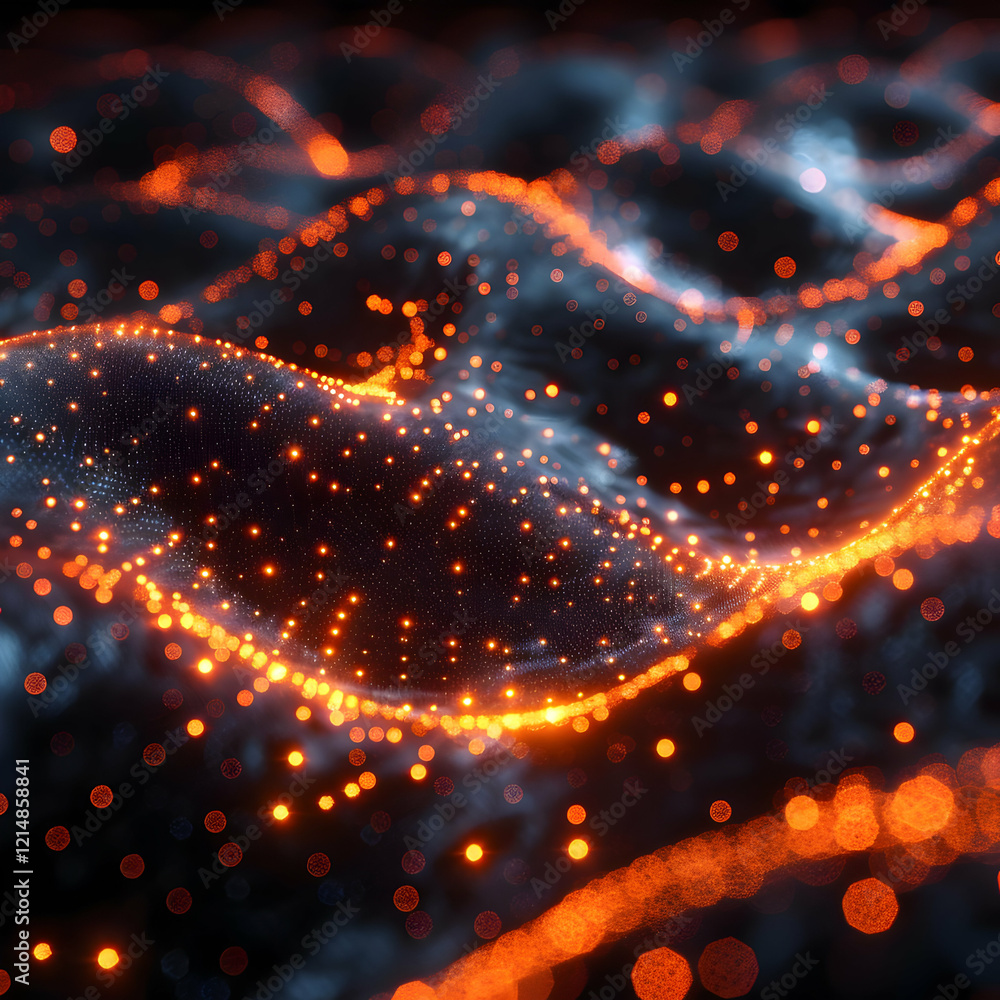 Poster abstract background with glowing particles forms wavy surface in dark space dynamically