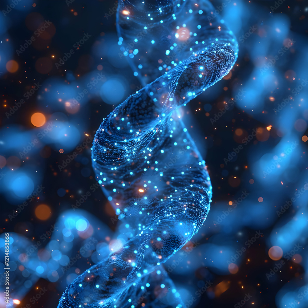 Poster abstract blue helix structure with glowing particles spirals dynamically in dark space