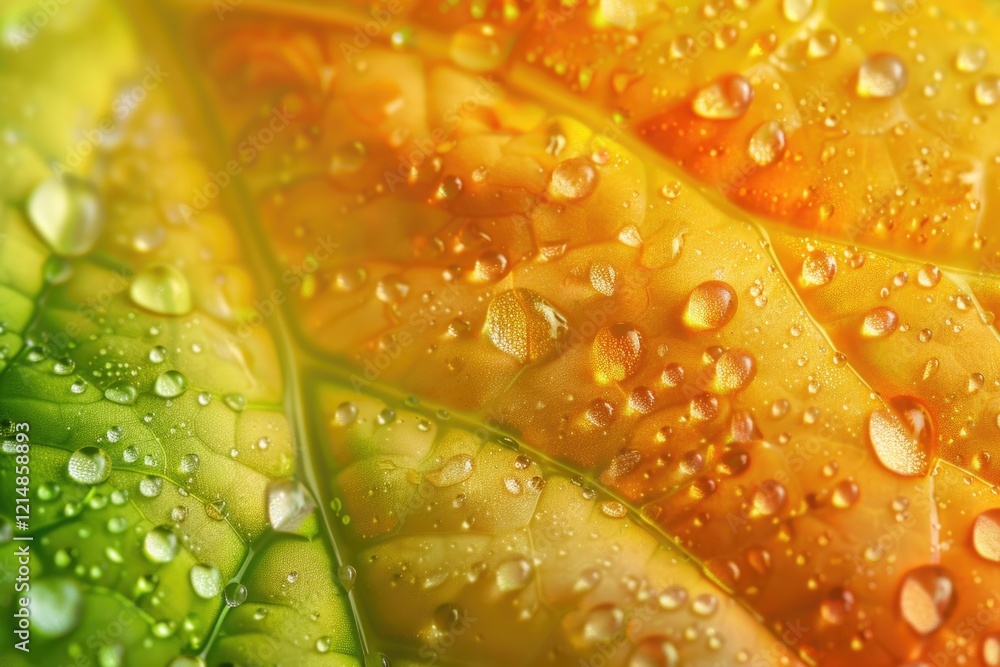 Aufkleber water droplets on a dew-covered leaf, creating a lens flare effect in the center of the image.