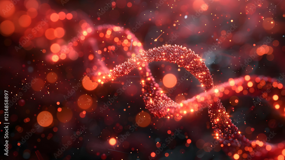 Poster glowing red dna double helix structure spirals with bokeh lights background