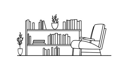 Naklejka premium Bookshelf books home decor. Modern armchair living room furniture. Plants pot home interior design. Cozy reading nook simple line art minimalist illustration. Home office workspace.