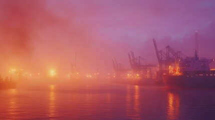 Fototapeta premium Techno-Maritime Power: Industrial Glow at Bustling Port by Night, Cinematic Image with Ultra-Detailed Cargo Ships and Floodlights