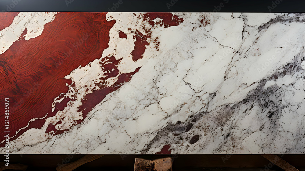 Poster red and white marble slab displays unique veins and patterns beautifully on display stand