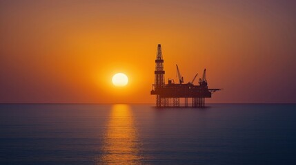 Fototapeta premium Sunset view shows oil rig silhouette in calm sea. Industrial offshore energy platform stands still. Sunrise sunset paints sky warm orange, purple hues. Ocean water reflects golden light. Offshore