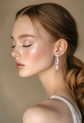A close-up of the model's face with her eyes closed. She has a clear pink blush on her cheeks and light brown hair in an elegant ponytail