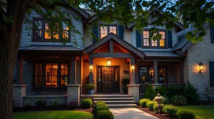 Fototapeta premium Luxury Home Exterior at Night: Modern Architecture, Landscaping, and Evening Lighting