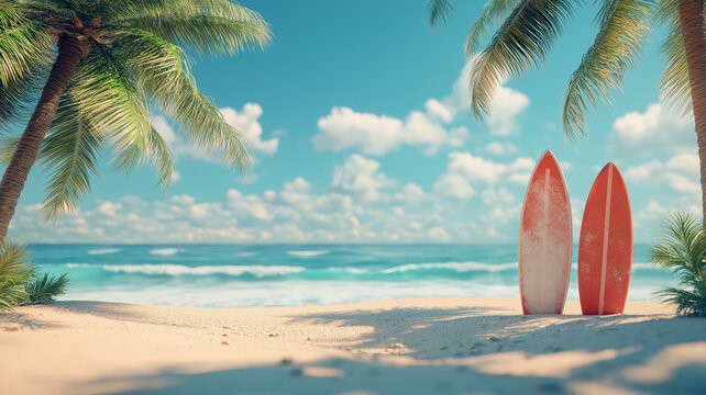 Surfboards against the backdrop of a Hawaiian beach with palm trees and a turquoise ocean.