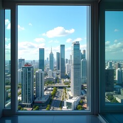 Glossy Cityscape Vibrant Urban Skyline Through Office Window - Enhanced with HDR Tech