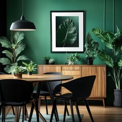 Serene Green Dining Room Interior with Tropical Plants and Elegant Leaf Artwork