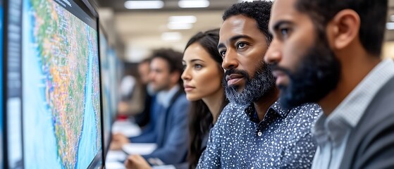 Diverse team analyzing map data on computer screens.