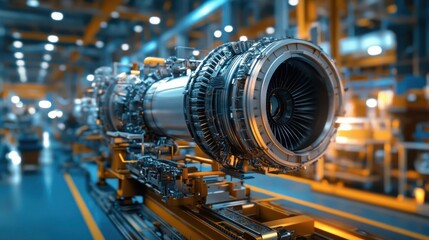 Intricate jet engine assembly process within an aerospace factory highlighting precision teamwork in manufacturing