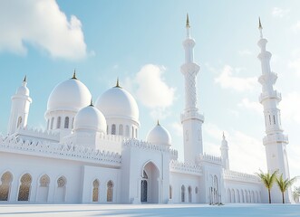 A white mosque with minarets and domes in Abu Dhabi, photo-realistic, stock photography, sunny day, blue sky, wide-angle, low camera position, white walls, white dome roof, photo realism, professional