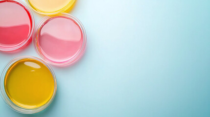 Close up of vibrant biotech petri dishes with colorful liquids on light blue background. arrangement showcases mix of red, pink, and yellow hues, creating engaging visual
