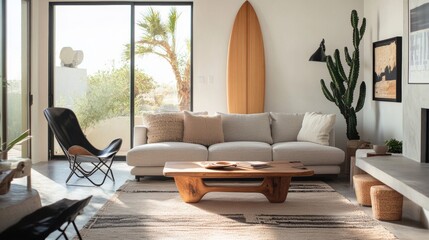 Stylish interior of living room with grey sofa, armchair, coffee table and surfboard