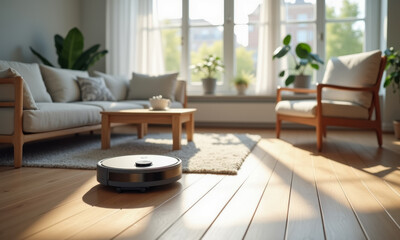 Sunlit living room with modern robot vacuum on wooden floor